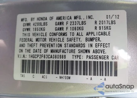 2012 Honda Accord 2.4 Se from USA, damaged, VIN 1HGCP2F63CA080989